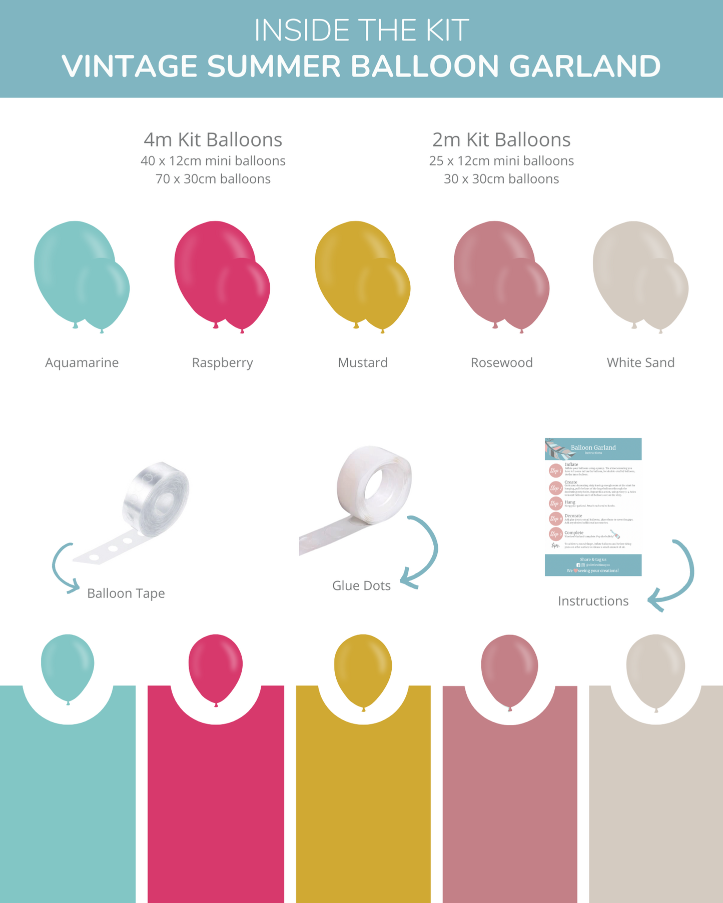 Colorful balloon garland kit featuring aquamarine, raspberry, mustard, rosewood, and white sand balloons with assembly tools.