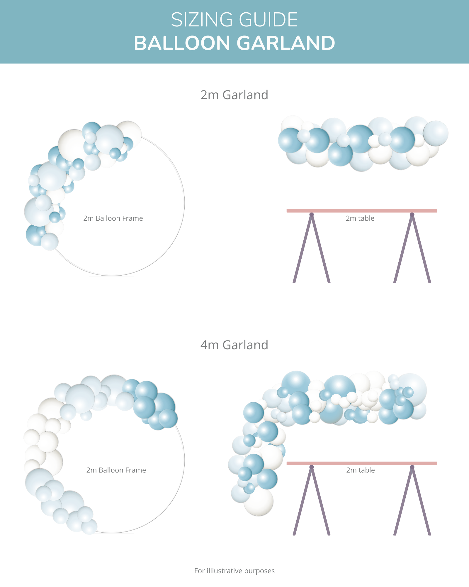Sizing guide for balloon garlands, featuring diagrams for 2m and 4m options alongside a table for scale.