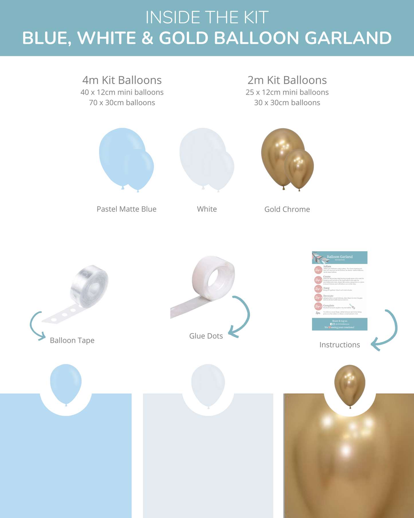 A collection of pastel blue, white, and gold balloons with tape and instructions for creating a decorative garland.
