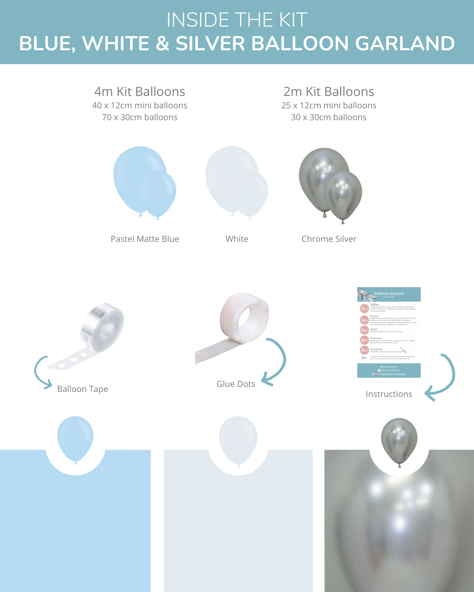A pastel blue, white, and chrome silver balloon assortment with adhesive supplies and instructions for assembly.