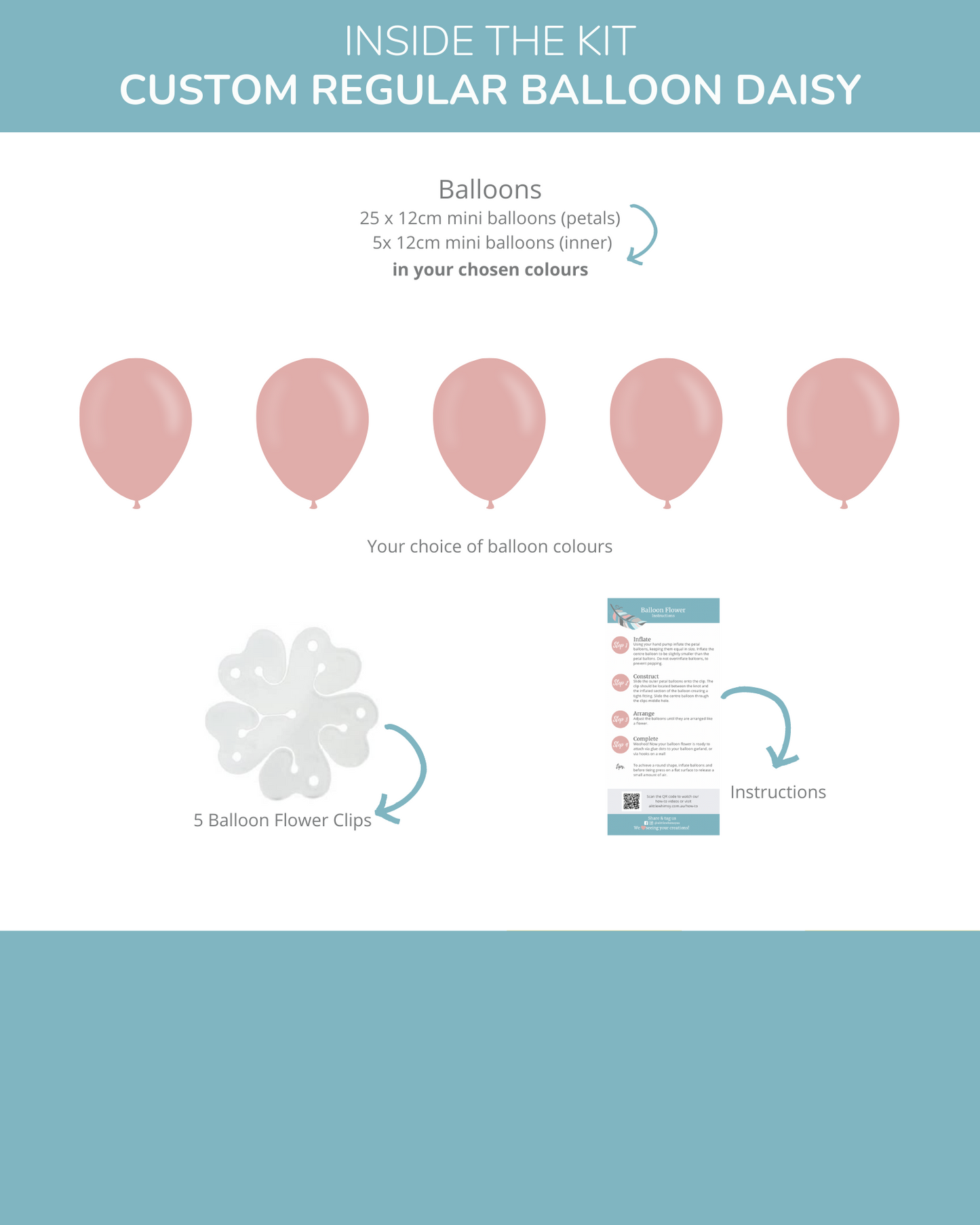 Kit contents feature pastel balloons, clips, and instructions for creating decorative arrangements.