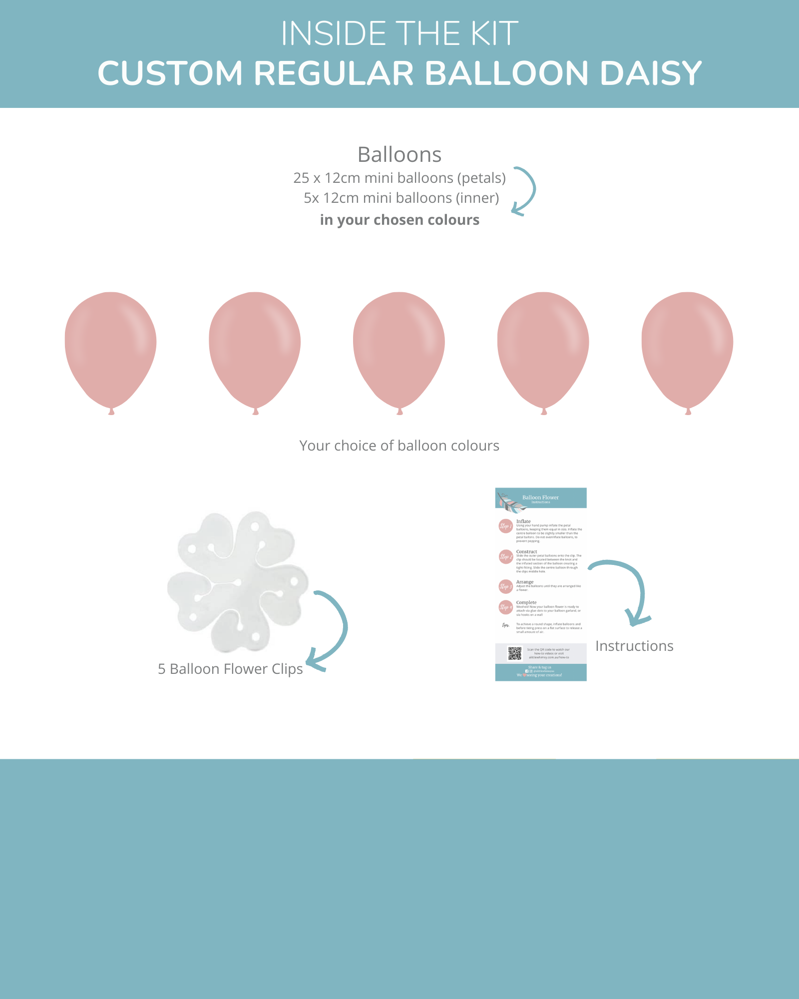 Kit contents feature pastel balloons, clips, and instructions for creating decorative arrangements.