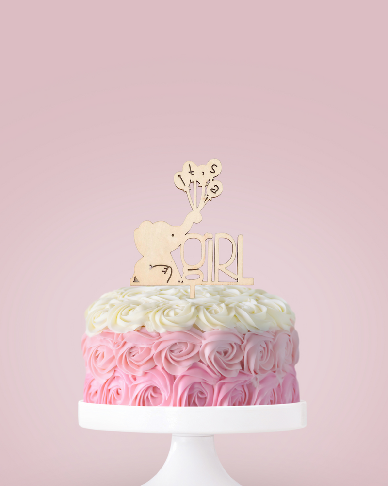 It's A Girl Baby Elephant Wooden Cake Topper