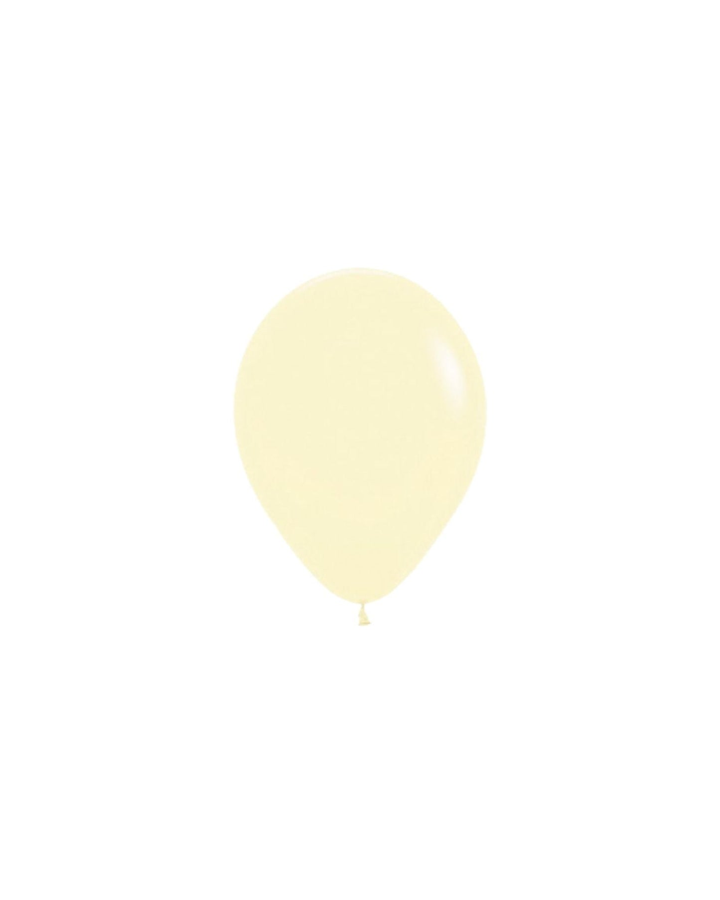 Matte pastel yellow balloon against a white background, showcasing a smooth, glossy finish and rounded shape.
