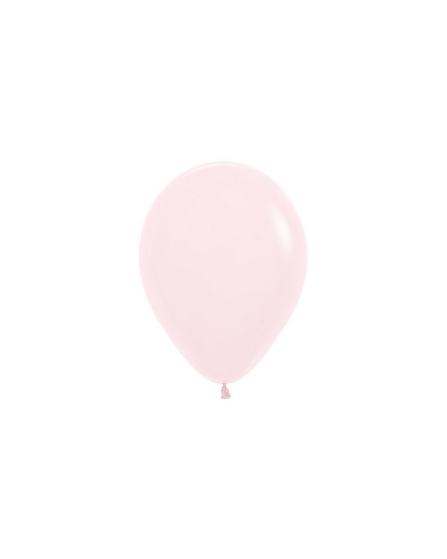 A soft pastel pink balloon floats against a white background, showcasing its smooth, shiny surface and subtle curves.