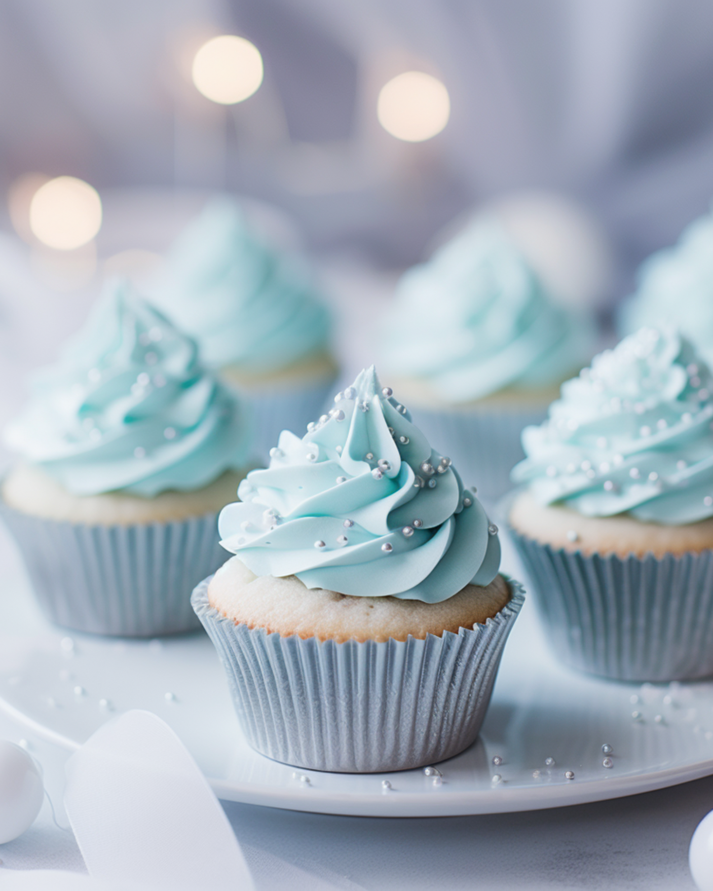 Frosted pastel blue confections topped with silver beads, arranged elegantly on a white plate with soft lighting.