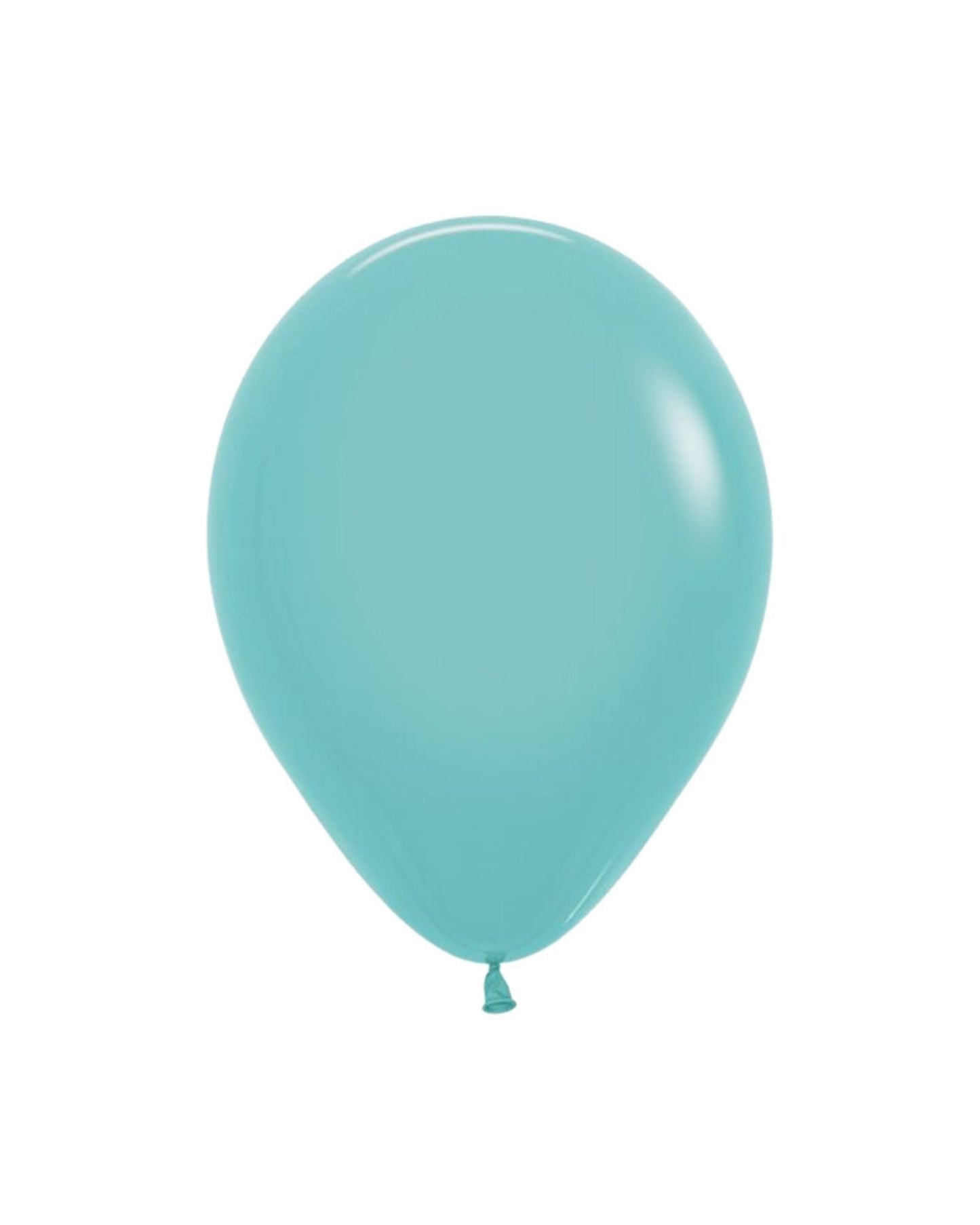 A glossy, aquamarine balloon with a rounded shape and a tied end, set against a plain white background.