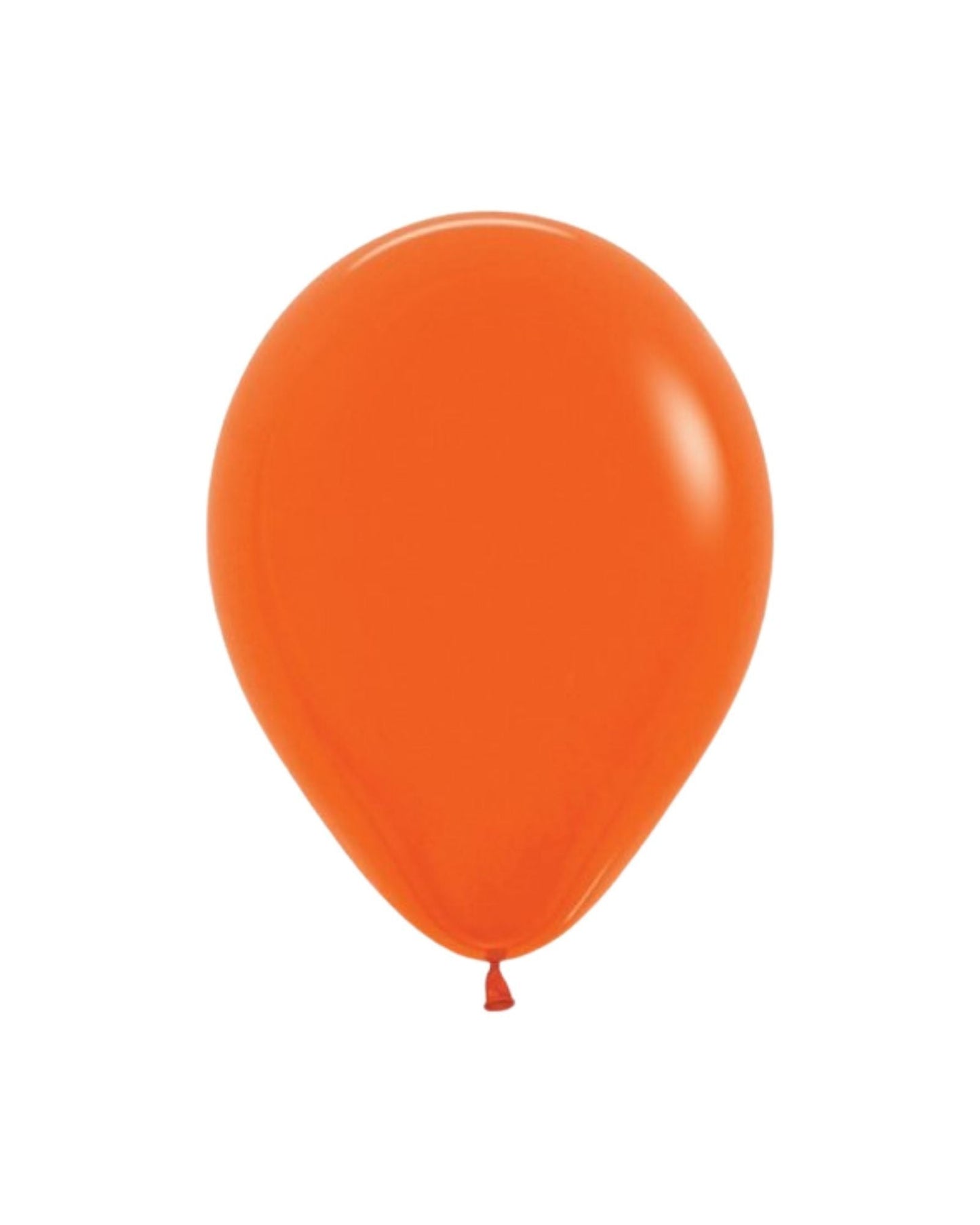 A bright orange balloon with a smooth surface, featuring a small knot at the base, against a white background.