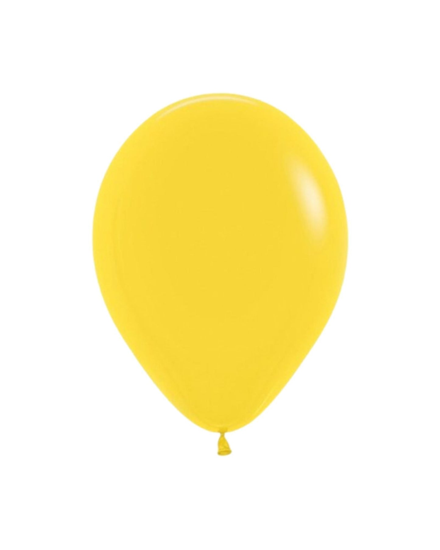 Bright yellow balloon with a smooth surface, hanging downwards, showcasing a vibrant color against a light background.