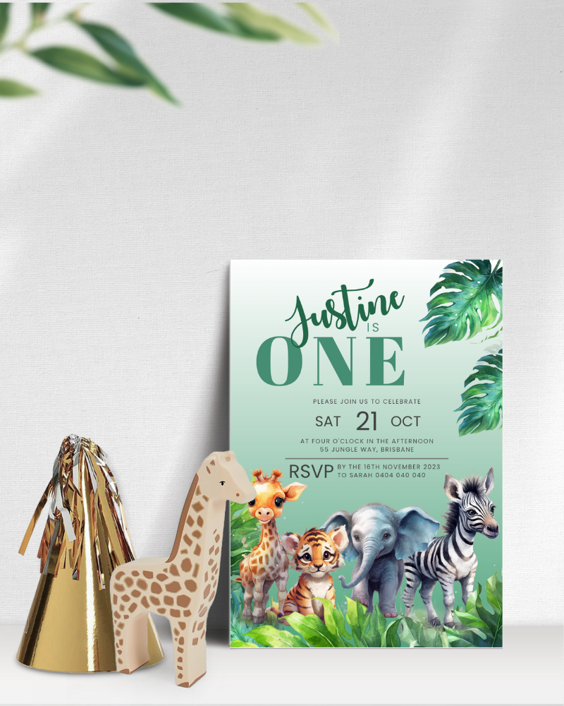A vibrant invitation featuring playful wildlife illustrations with tropical leaves and a festive gold party hat.