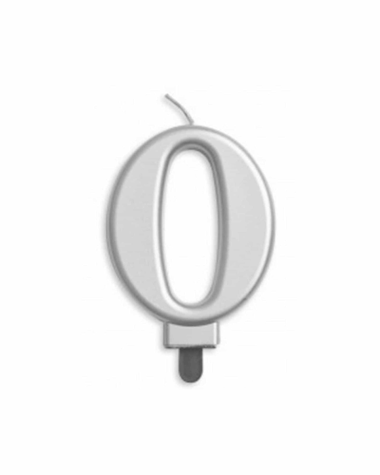 White numeral "0" with a slender wick at the top, set against a plain background.