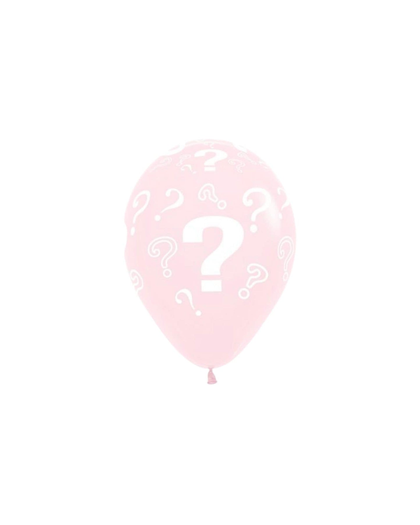 A pale pink balloon adorned with white question marks, creating a playful and whimsical atmosphere.