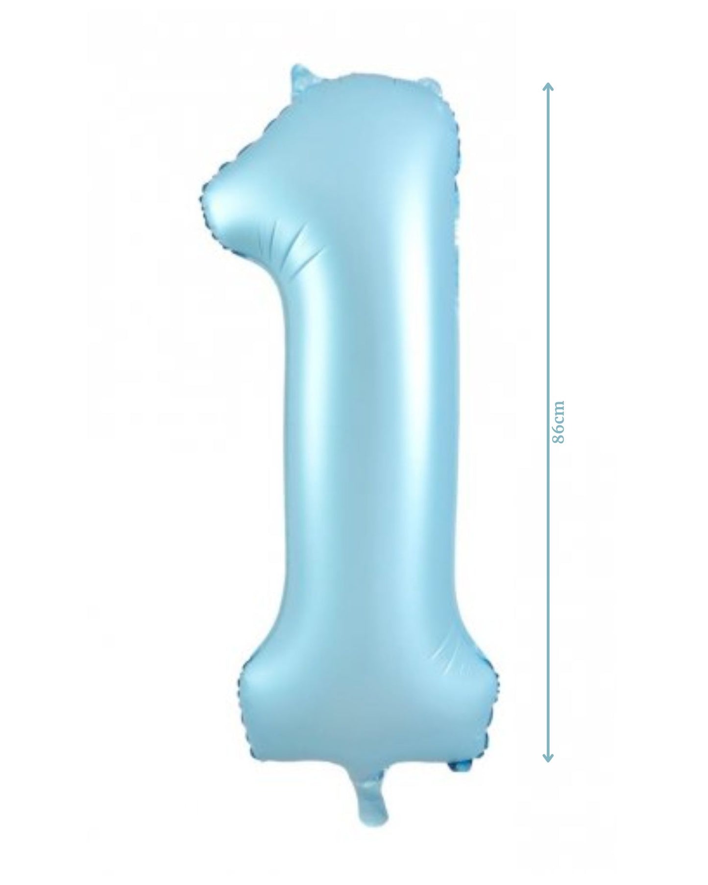 A large, shiny light blue numeral "1" balloon, measuring 86cm tall, perfect for celebrations.