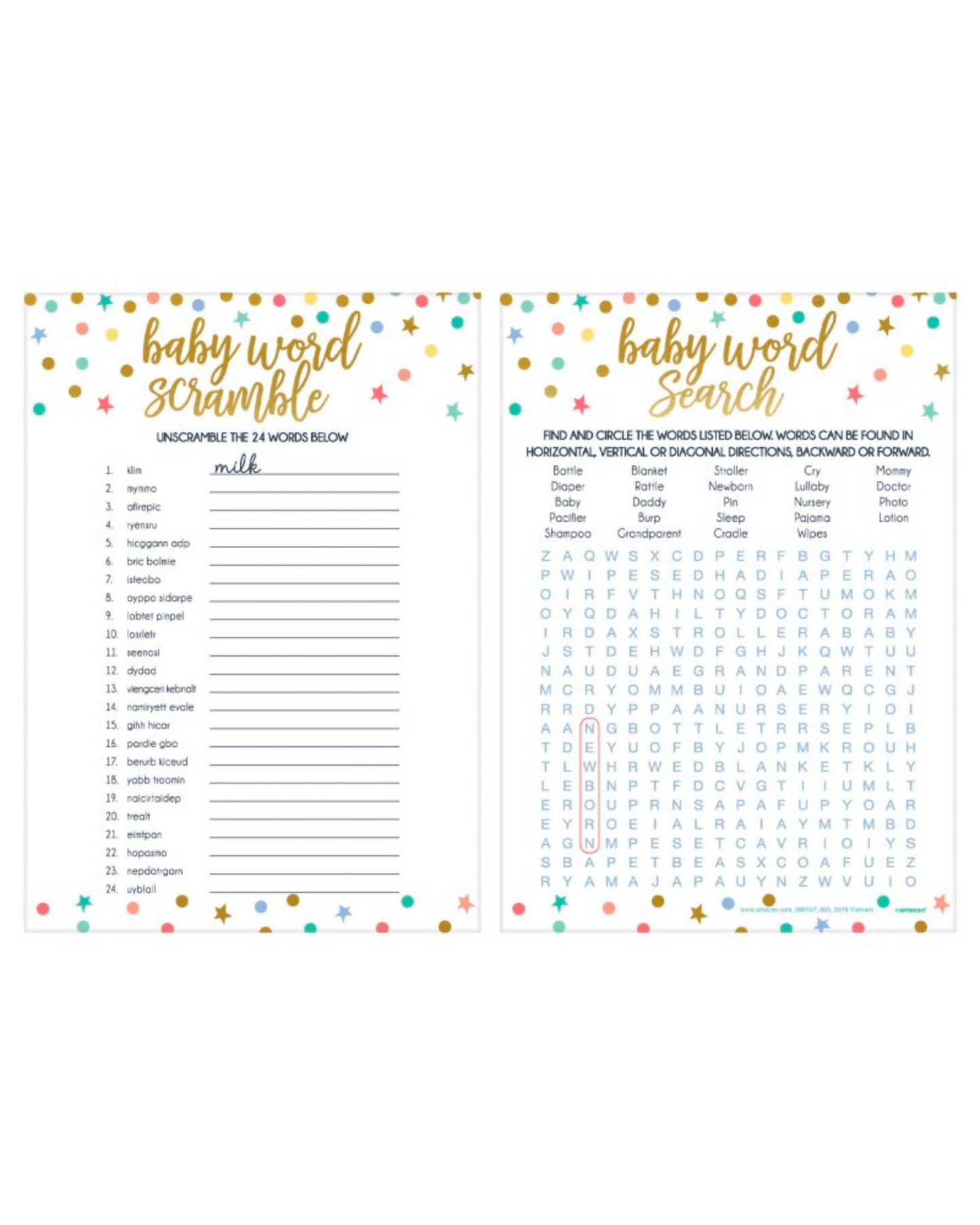 Colorful baby-themed word scramble and search activity sheets with playful star accents and gold lettering.