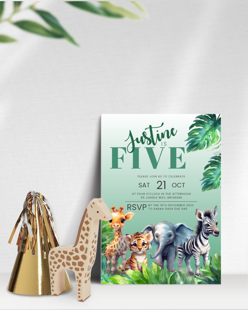 Colorful birthday invitation featuring playful animals and tropical leaves, set against a light background.