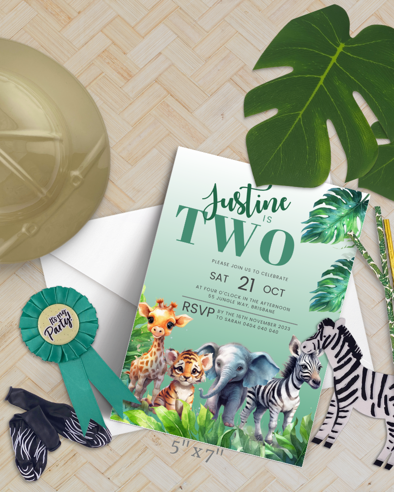 Colorful invitation featuring playful animals among tropical leaves, celebrating a child's birthday with vibrant designs.