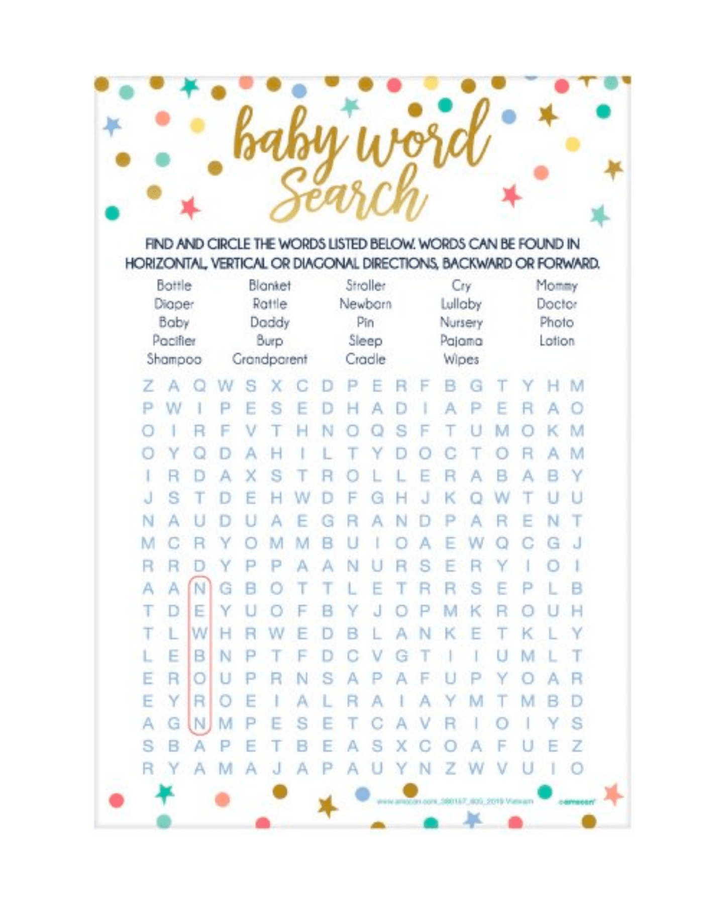 A word search puzzle titled "baby word search," featuring colorful stars and circles with various baby-related words.