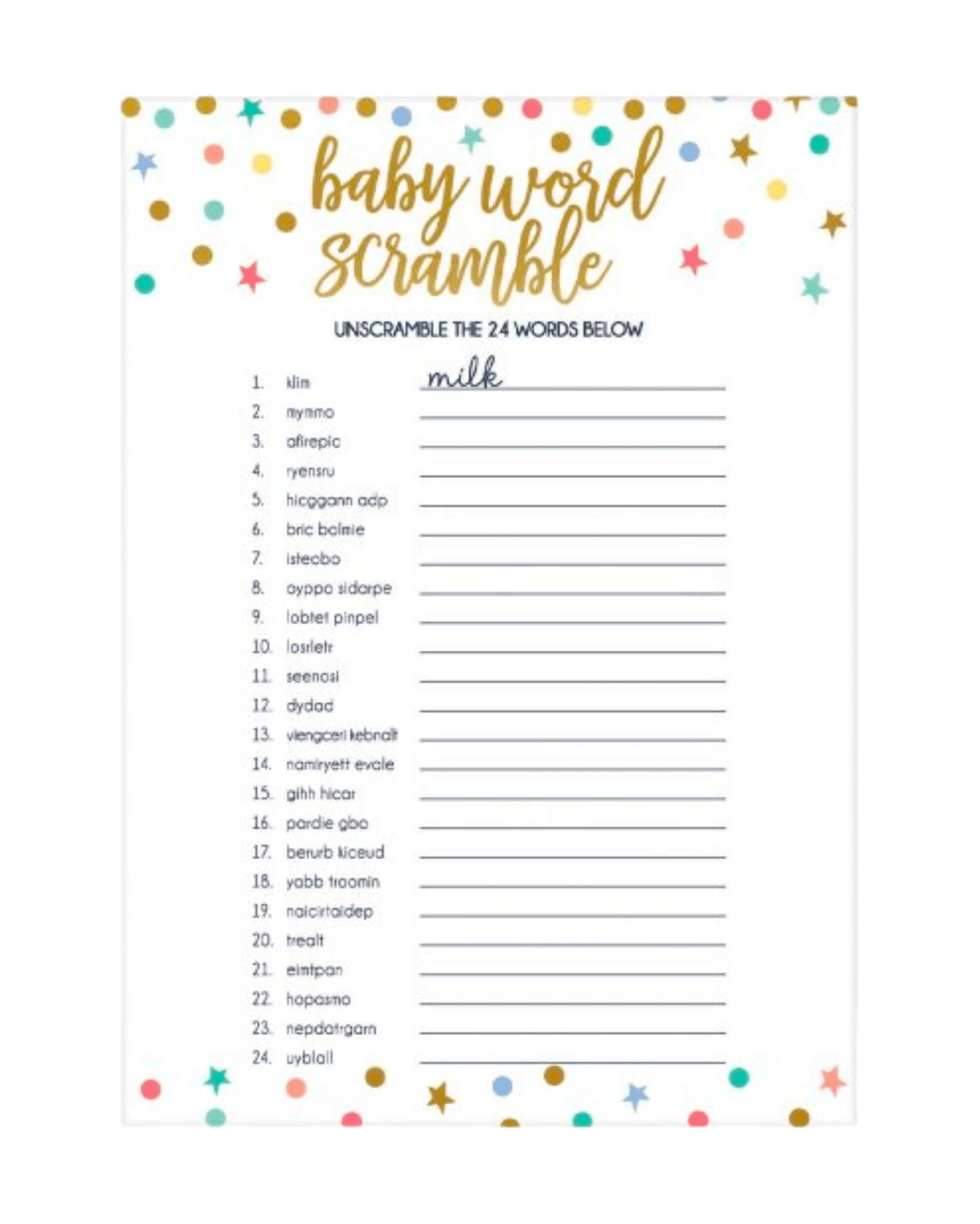 Colorful card featuring a baby word scramble game with playful stars and dots, inviting fun and engagement.