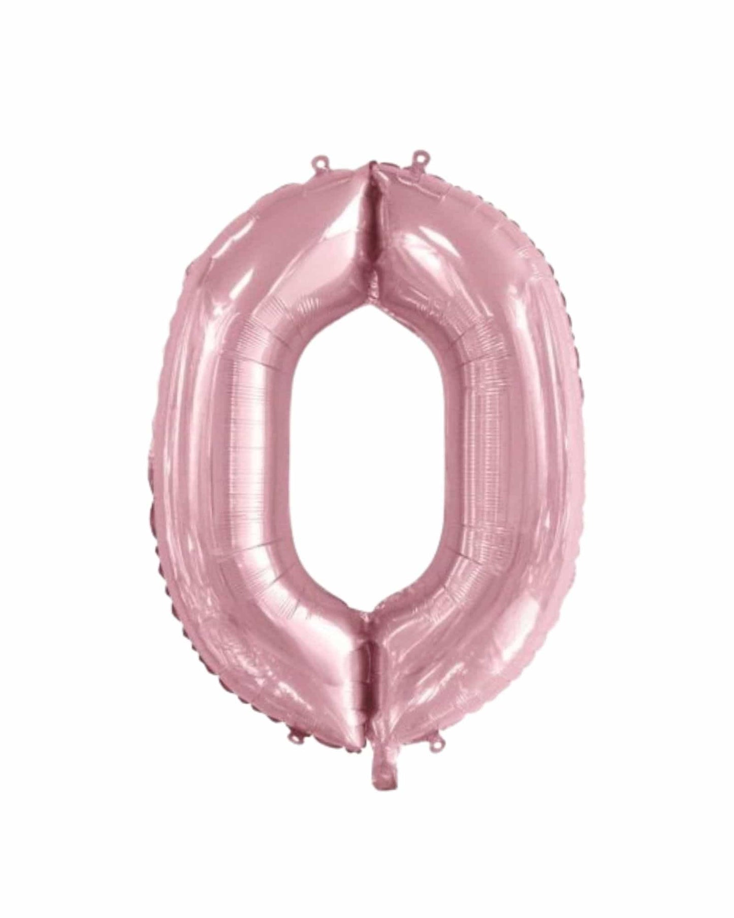 Shiny rose gold balloon shaped like the number zero, featuring a smooth, reflective surface and two hanging loops.