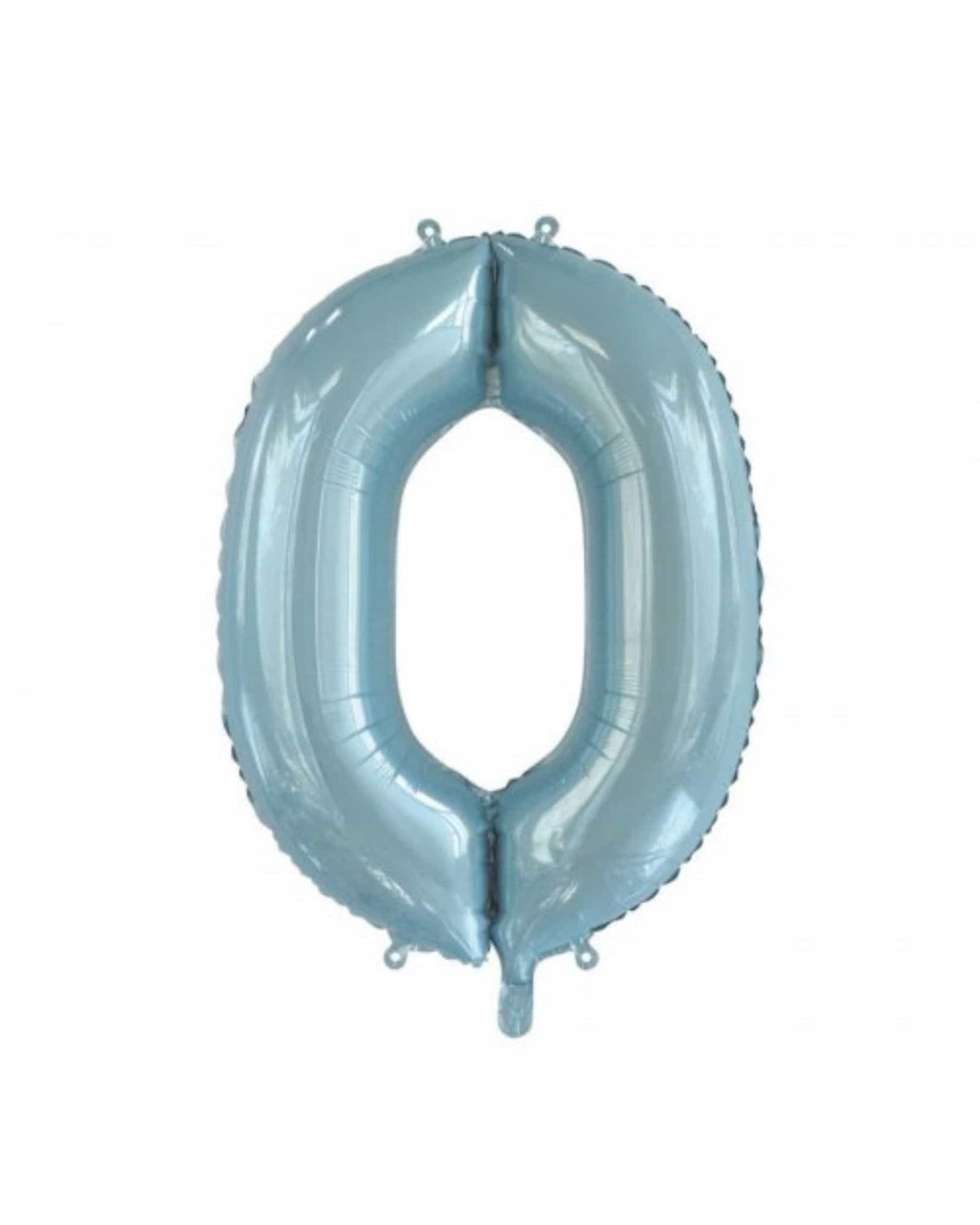 Shiny light blue balloon shaped like the number zero, featuring a smooth surface and two loops at the top for hanging.
