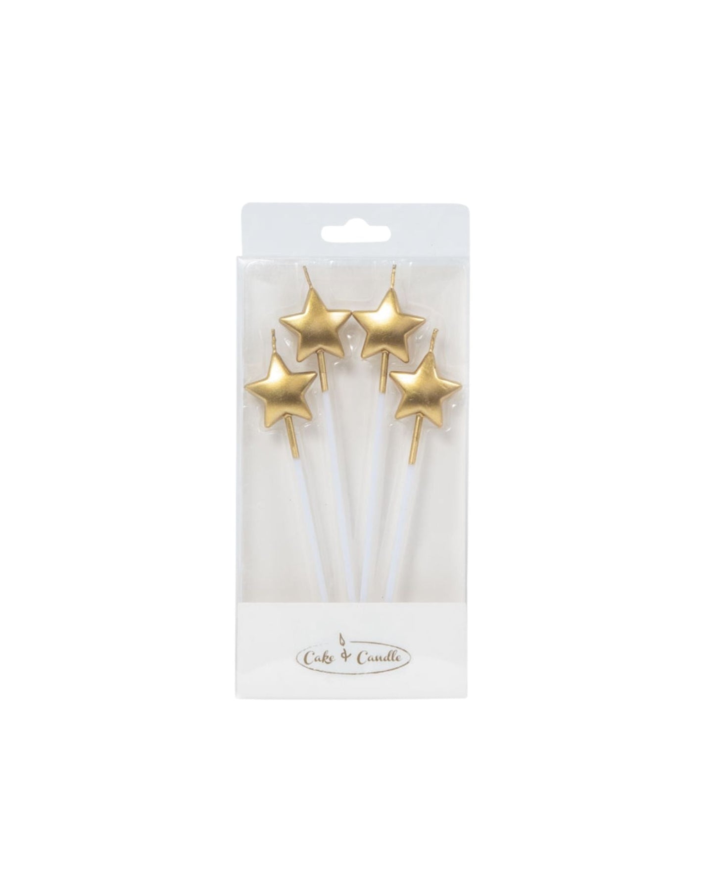 Four shiny gold star-shaped candles with clear holders, packaged in a simple, elegant display.