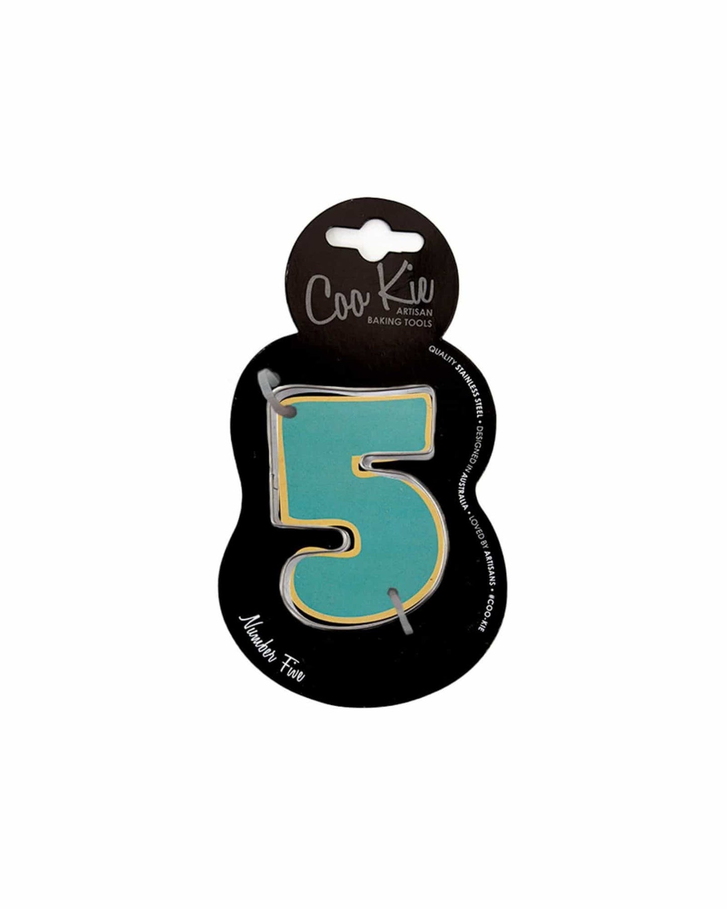 Bright turquoise number 5 with a gold outline, packaged on a black card with a hanging hole.