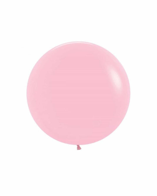 A smooth, round pink balloon with a shiny surface, floating against a plain background.