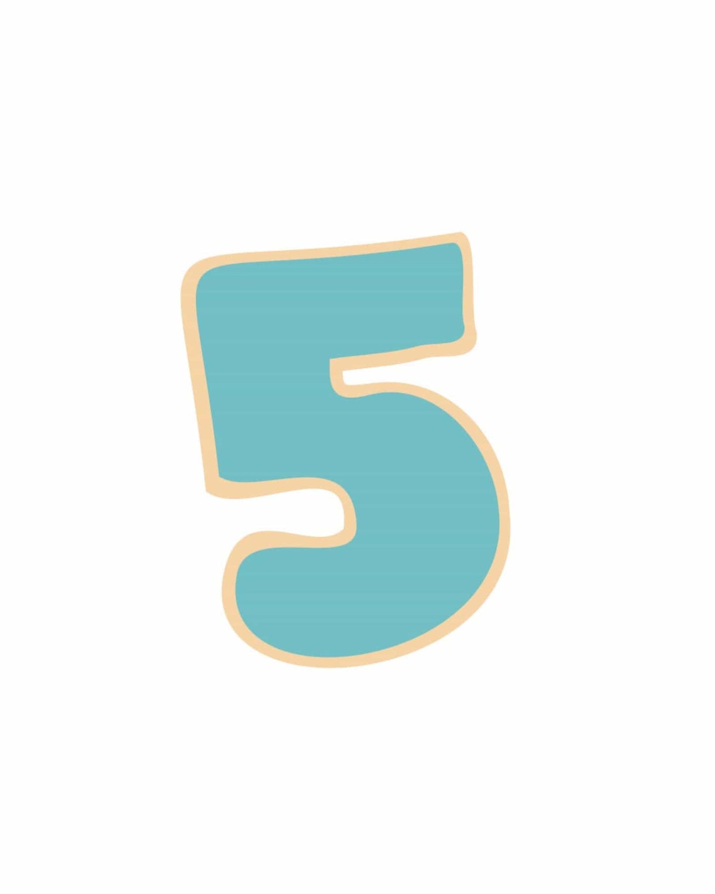 A large, stylized number "5" in a vibrant turquoise color with a soft beige outline on a white background.