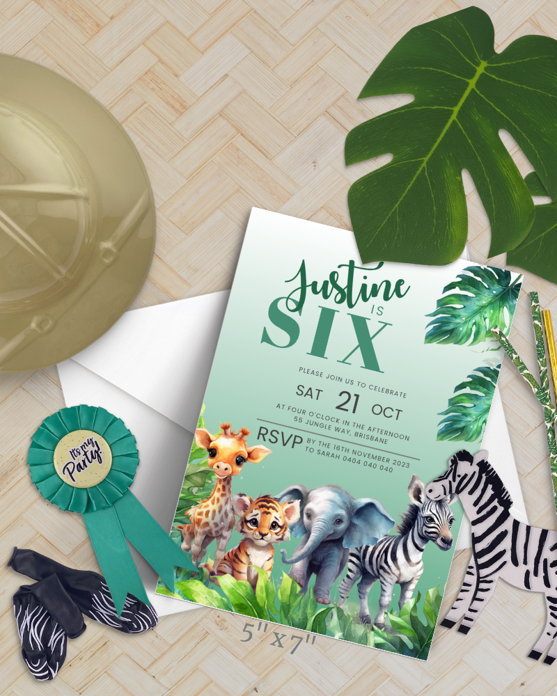 Colorful invitation featuring playful animals and tropical leaves, celebrating a sixth birthday party.
