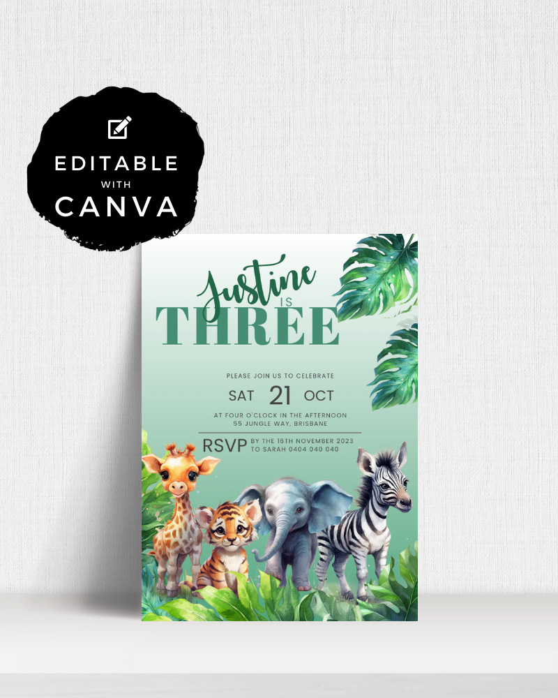 Colorful illustration featuring a giraffe, tiger cub, elephant, and zebra surrounded by tropical leaves and greenery.
