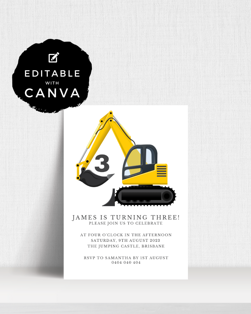 Birthday invitation featuring a yellow excavator graphic and event details for a child's third birthday celebration.