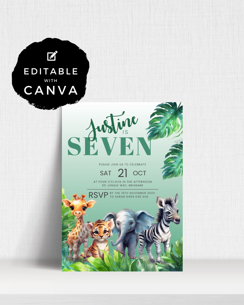 Colorful jungle-themed invitation featuring animals like a giraffe, tiger, elephant, and zebra, with tropical leaves.