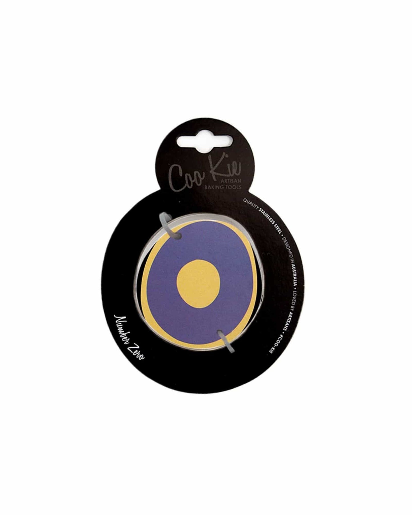 Circular shape featuring a purple background with a yellow center, attached to a black backing with a hanging loop.
