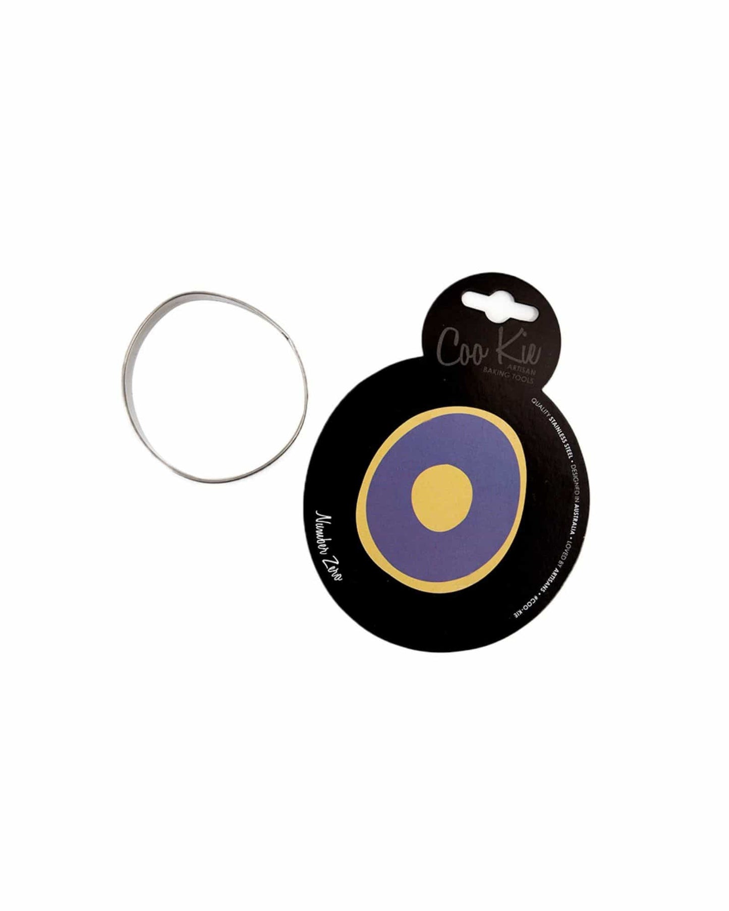 Circular card featuring a purple and yellow concentric design with a silver ring alongside it.
