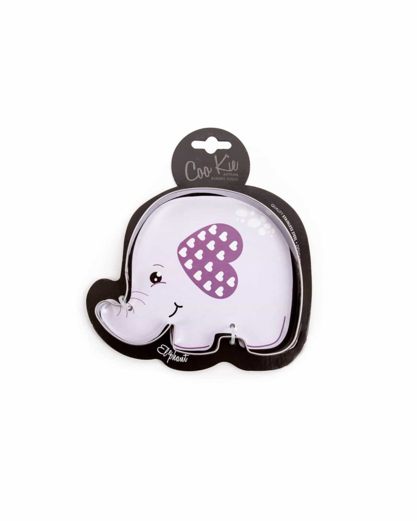 Elephant-shaped silhouette with a purple heart pattern, featuring a cute smile and playful design elements.