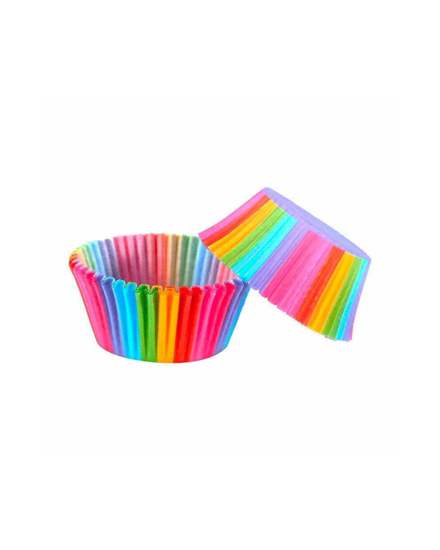 Colorful, fluted baking cups in vibrant rainbow hues, one upright and one tilted, showcasing their cheerful design.