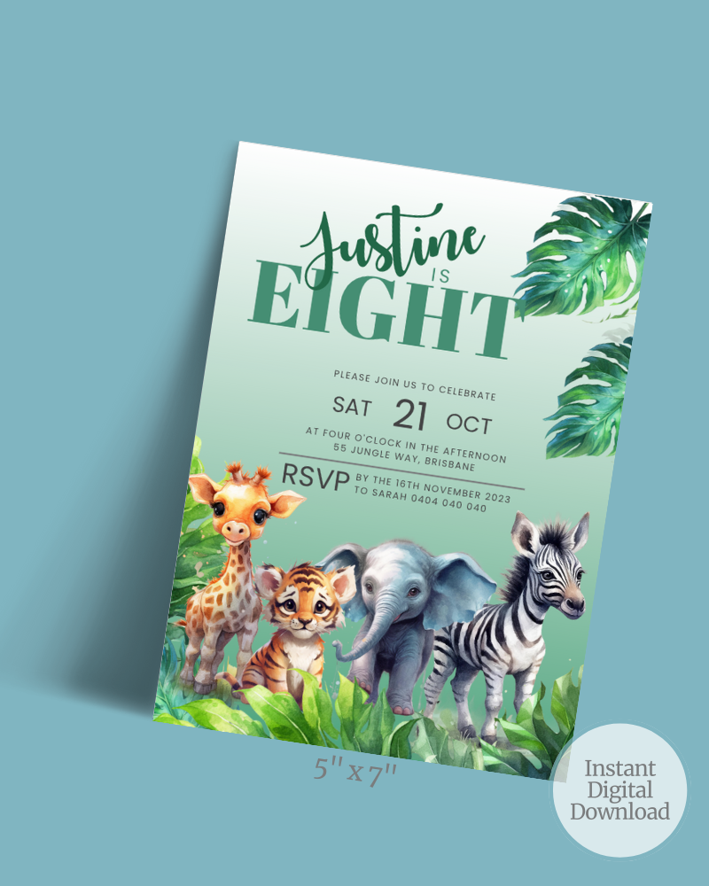 Colorful jungle-themed invitation featuring a giraffe, tiger, elephant, and zebra among lush greenery.