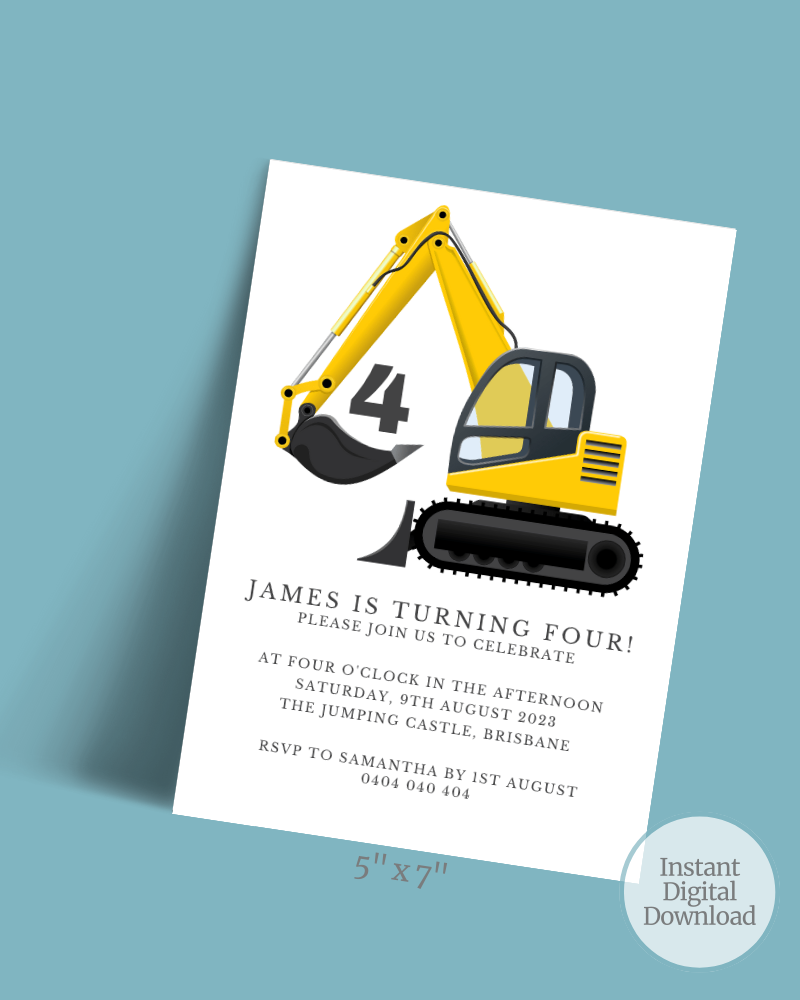 A cheerful invitation featuring a yellow excavator graphic and the number four, celebrating a birthday party.