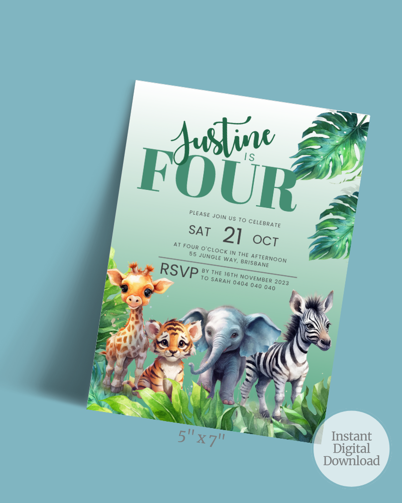 A colorful invitation featuring a giraffe, tiger cub, elephant, and zebra surrounded by tropical leaves.