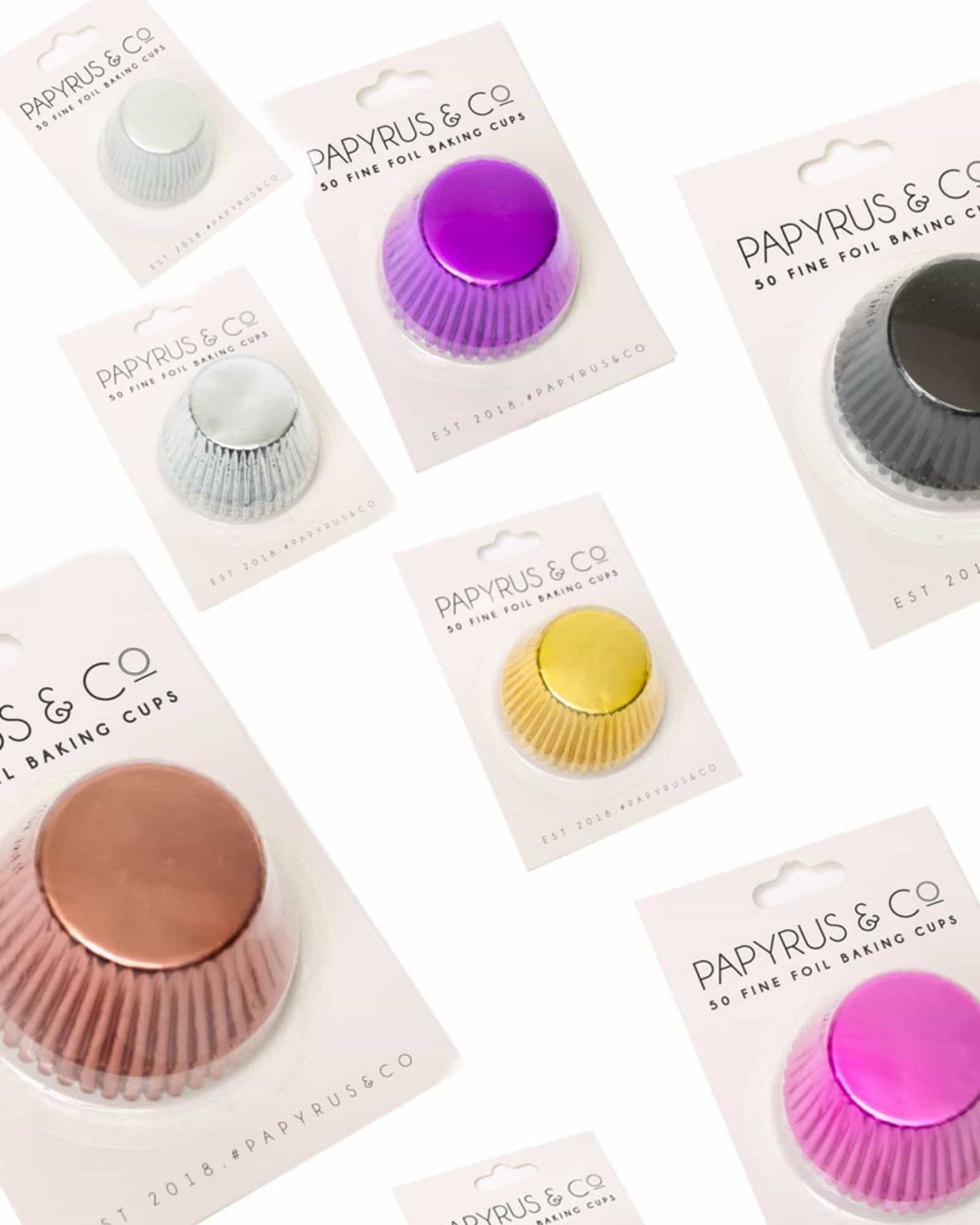 Colorful foil baking cups in various shades, presented on branded packaging with a modern aesthetic.