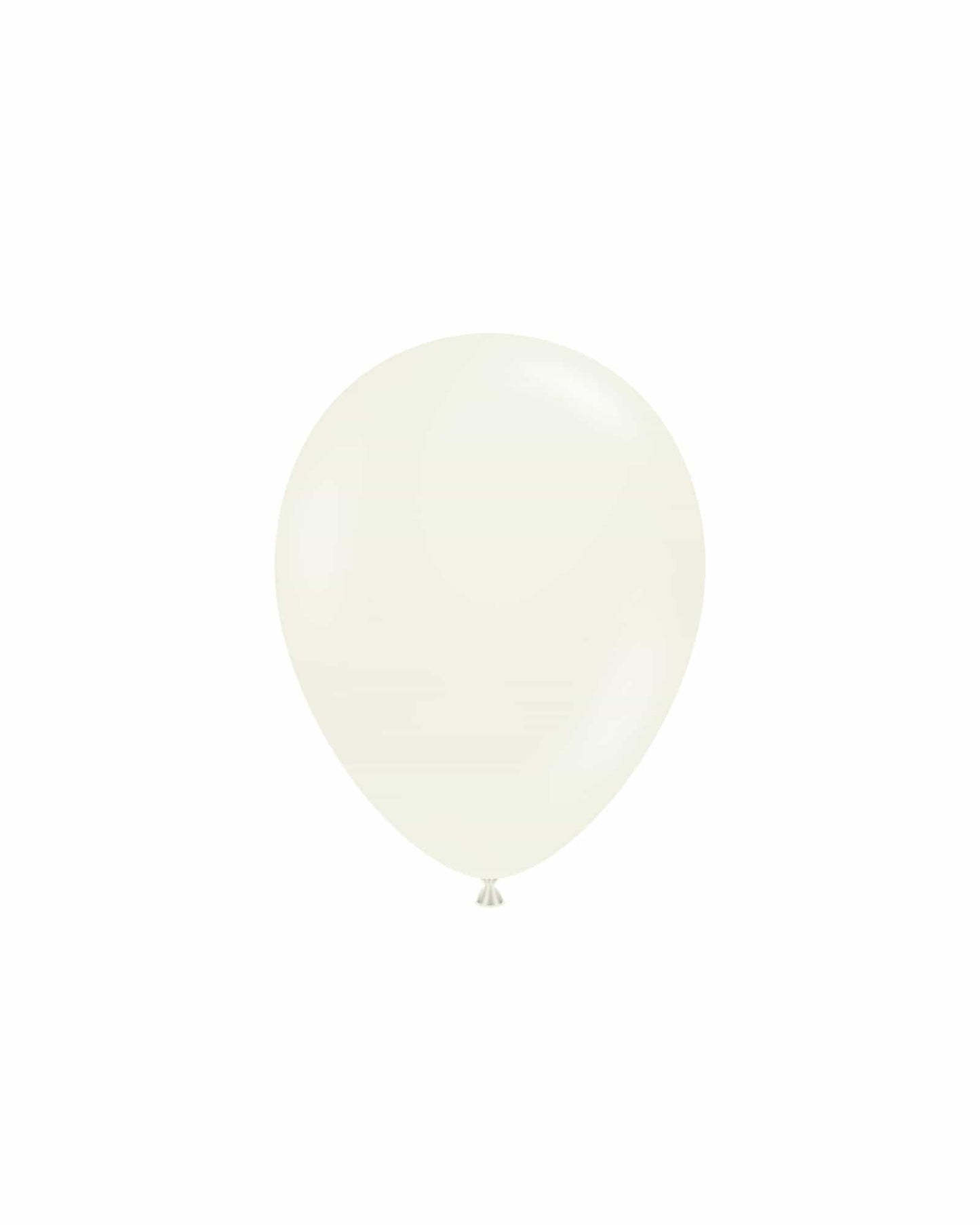 A smooth, pale balloon floats against a white background, featuring a subtle sheen and a tapered end.