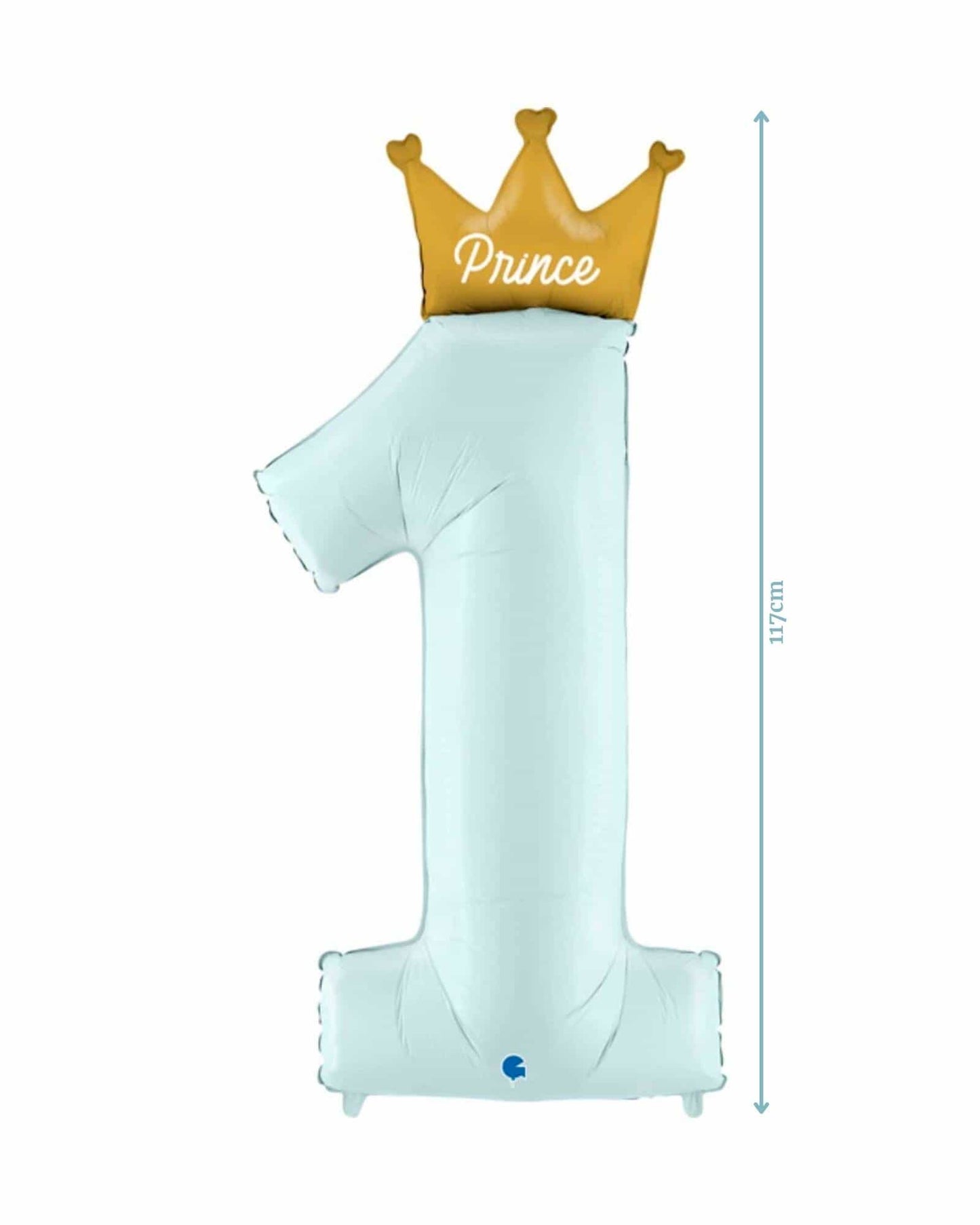 A large light blue number '1' balloon topped with a golden crown labeled 'Prince', measuring 117cm tall.