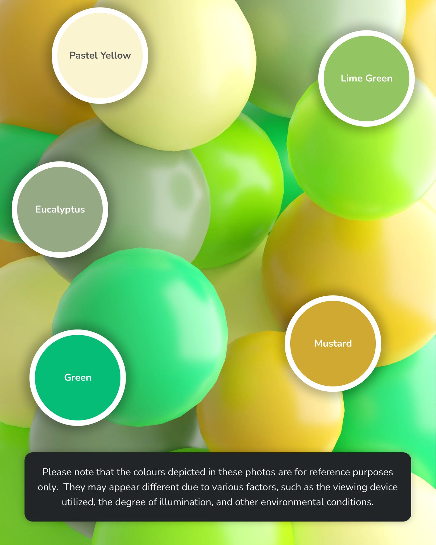 Colorful spheres in shades of yellow, green, and pastel tones, labeled with color names for reference.