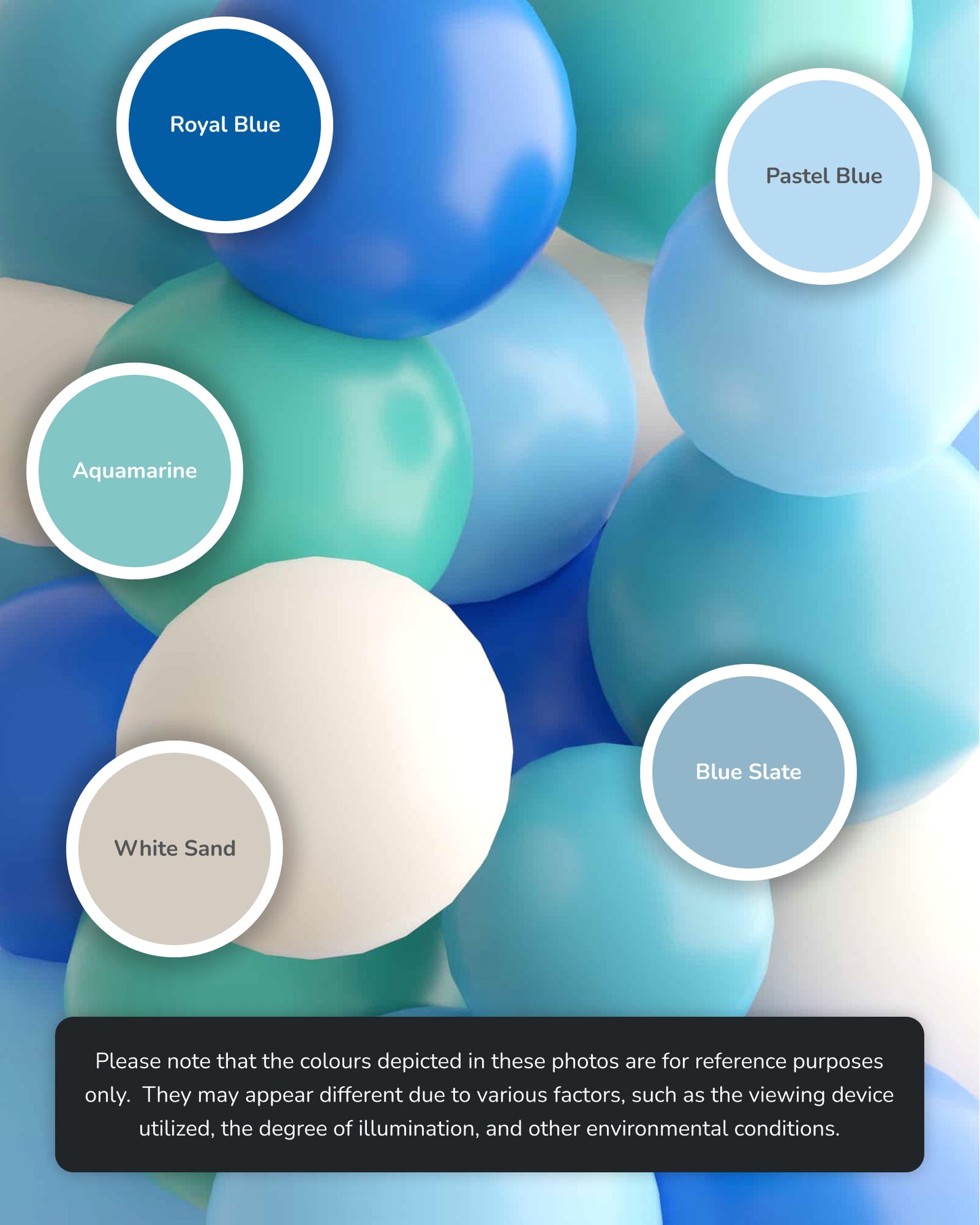 A cluster of colorful spheres in varying shades of blue and white, labeled with color names for reference.