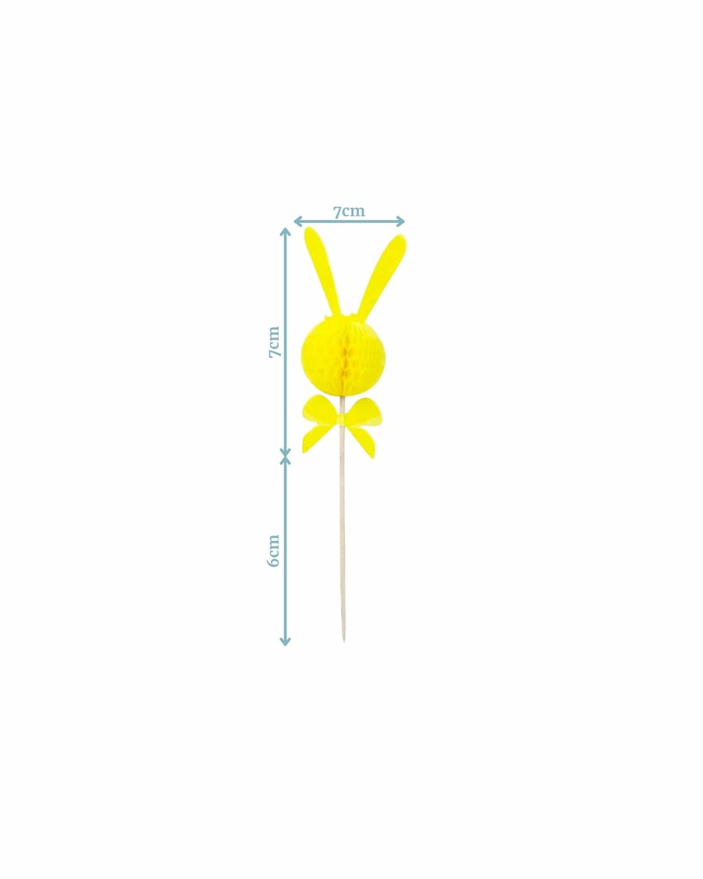 Yellow bunny-shaped cake topper with honeycomb texture, featuring long ears and a bow, measuring 7cm tall and 6cm wide.