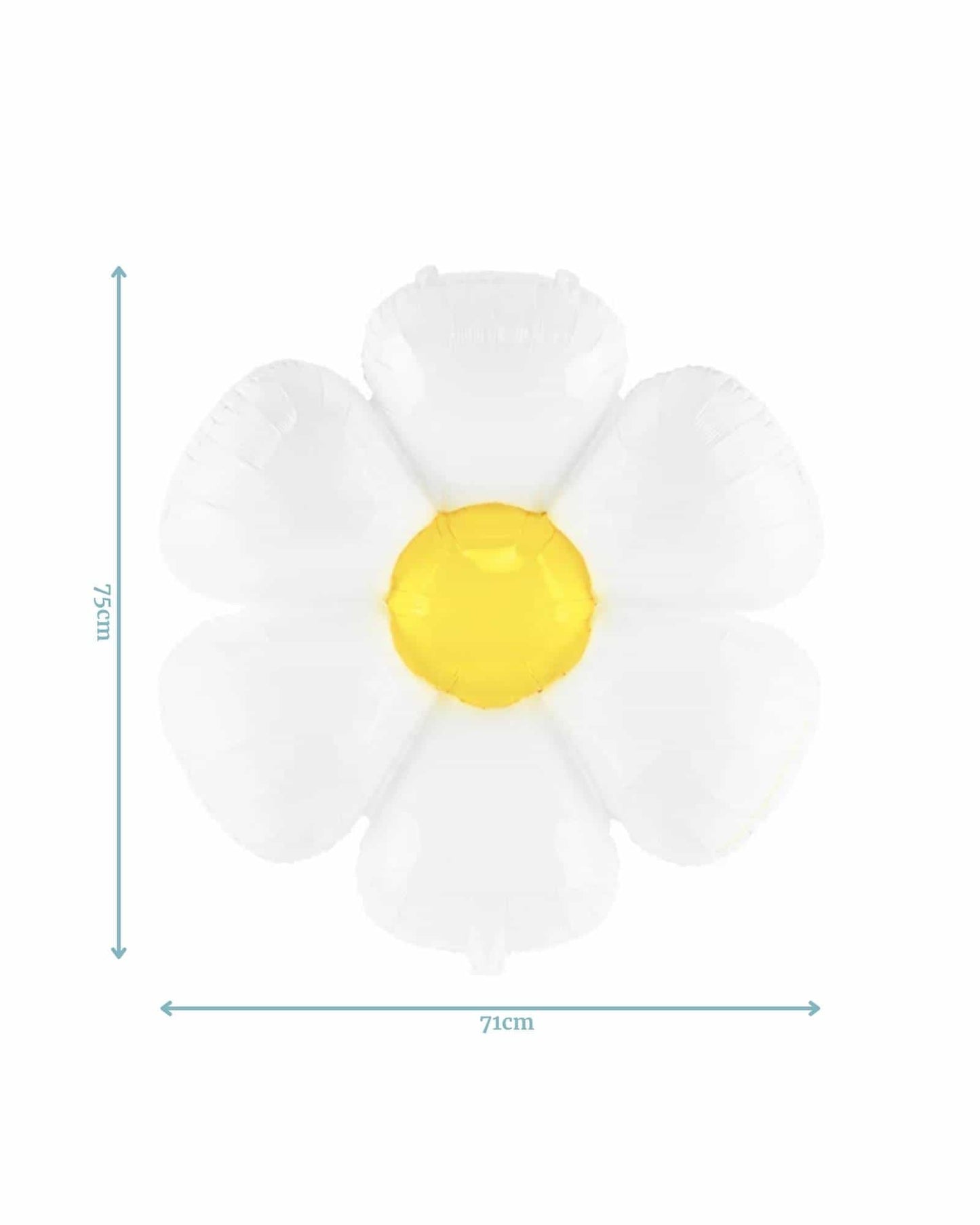 Large daisy-shaped balloon featuring white petals and a bright yellow center, with measurements indicated.