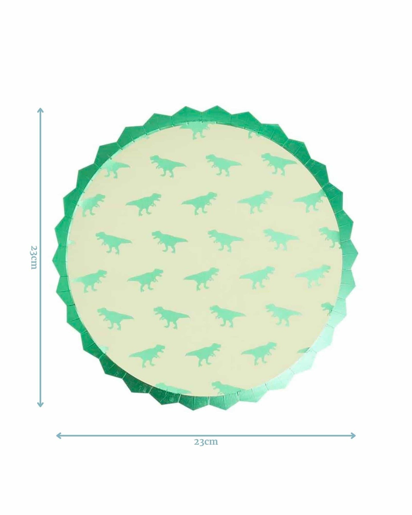 Round plate with a scalloped green edge featuring a repeating pattern of teal dinosaurs on a cream background.