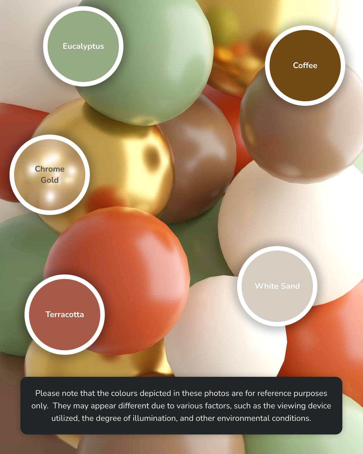 Colorful spherical shapes in earthy tones, labeled with names like Eucalyptus, Coffee, and Chrome Gold.