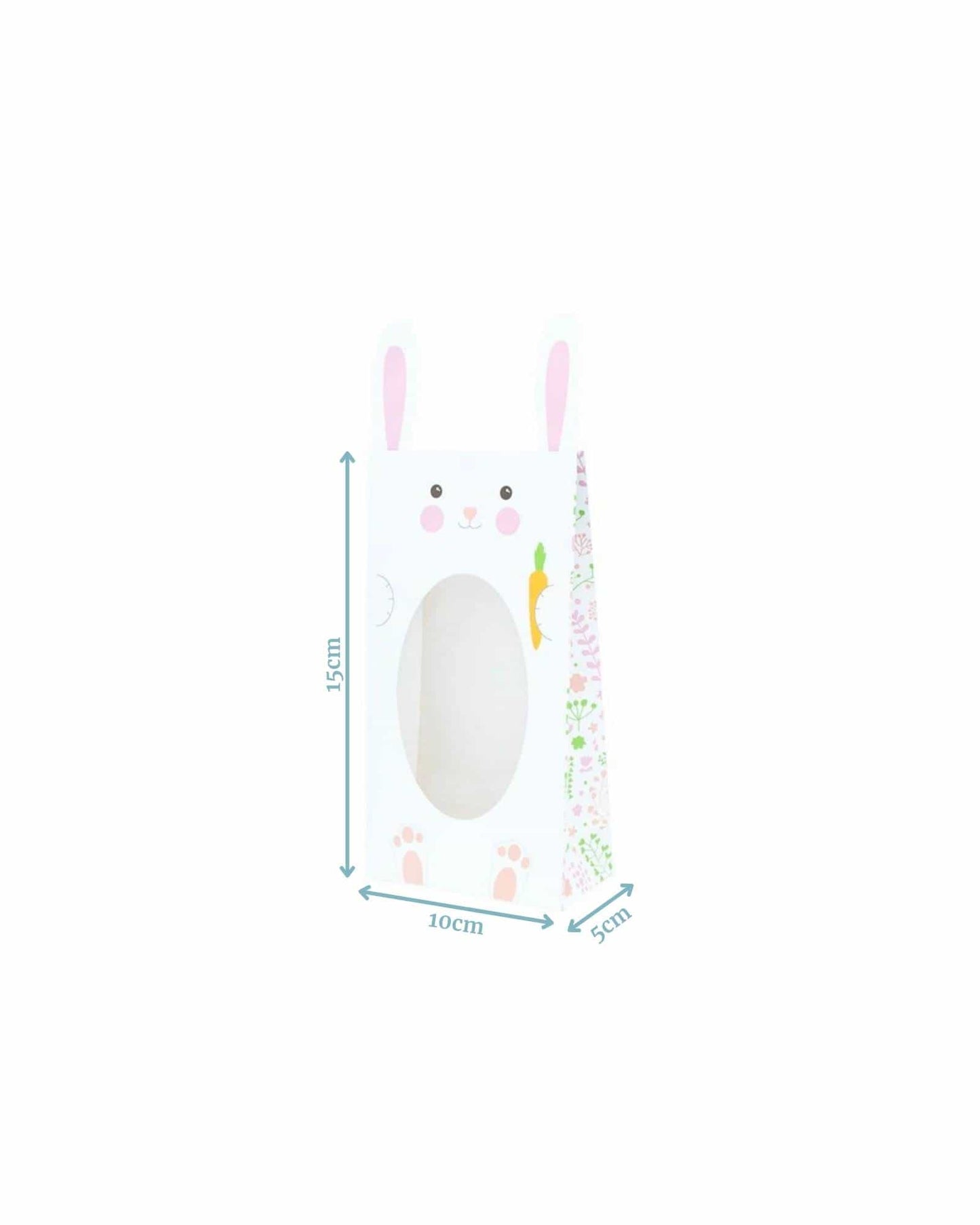 A white bunny-shaped bag featuring pink ears, a carrot, and floral accents, with dimensions marked on the sides.