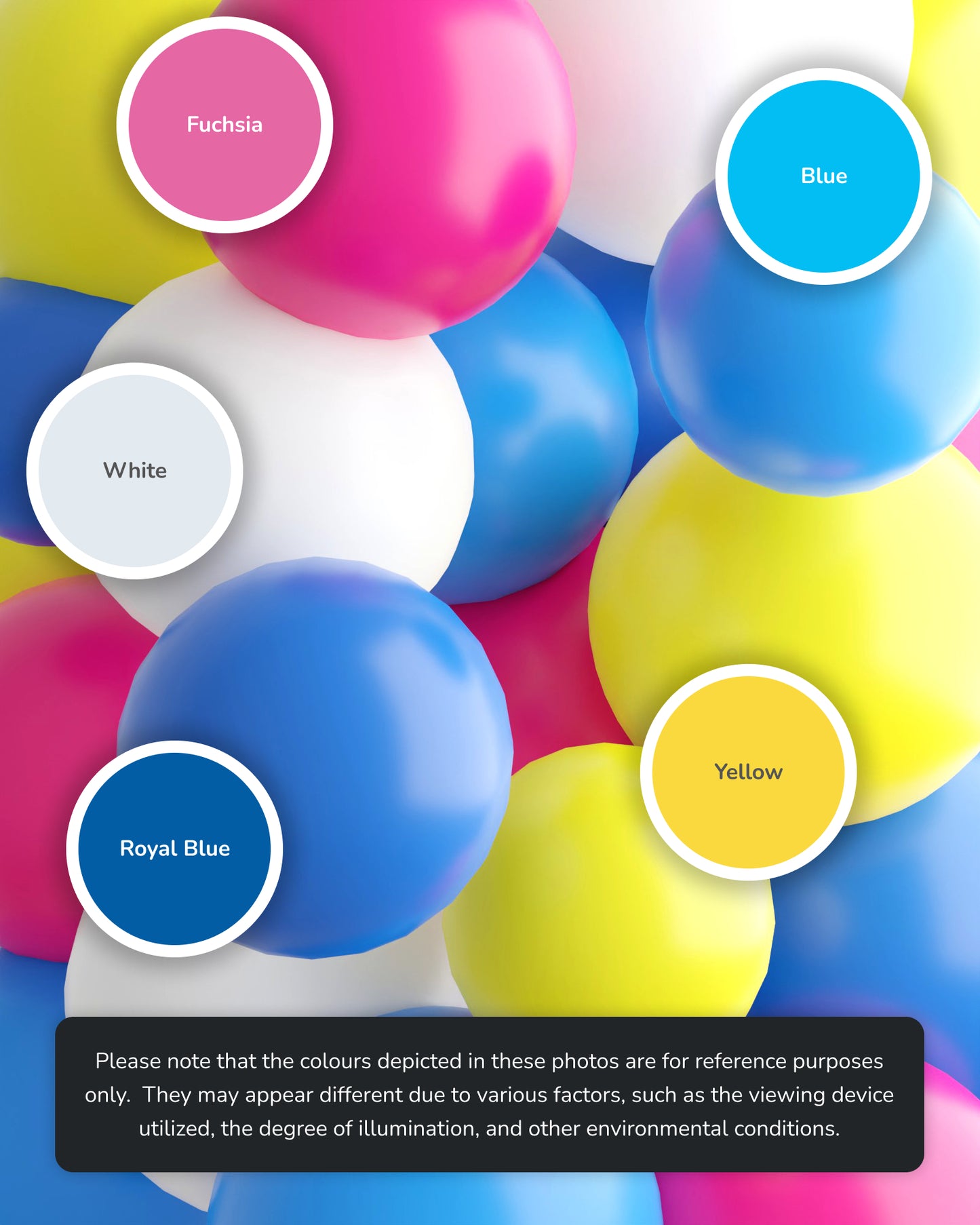 A vibrant arrangement of colorful spheres in fuchsia, blue, white, royal blue, and yellow, showcasing various hues.